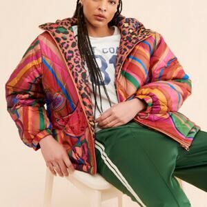 Farm Rio Reversible Hooded Puffer Jacket Women’s Medium Mushroom Full Zip $325